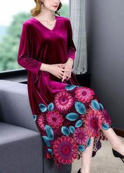 Modern Black V Neck Floral Patchwork Hollow Out Silk Velour Dress Spring