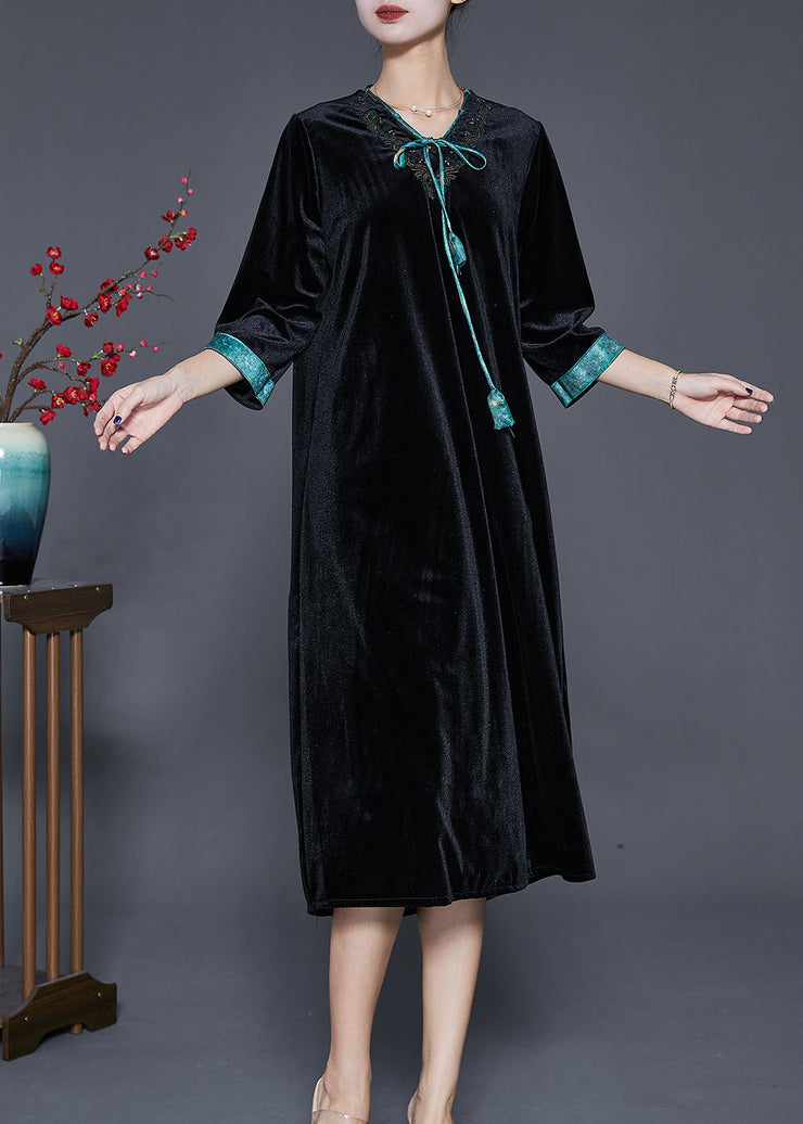 Modern Black V Neck Neck Tie Silk Velour Dress Half Sleeve