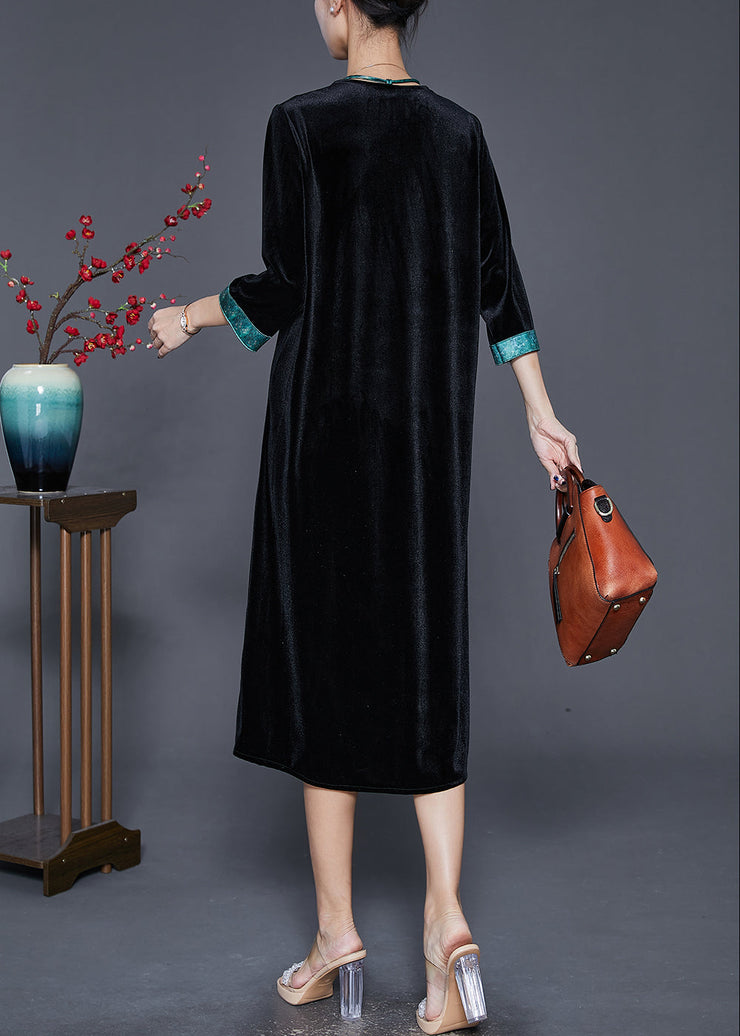 Modern Black V Neck Neck Tie Silk Velour Dress Half Sleeve