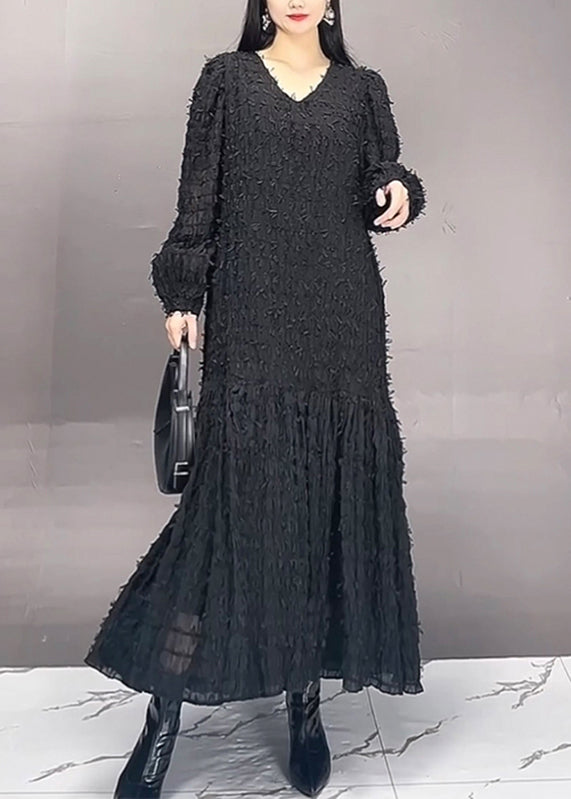 Modern Black V Neck Patchwork Chiffon Long Dress Spring