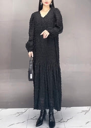 Modern Black V Neck Patchwork Chiffon Long Dress Fall