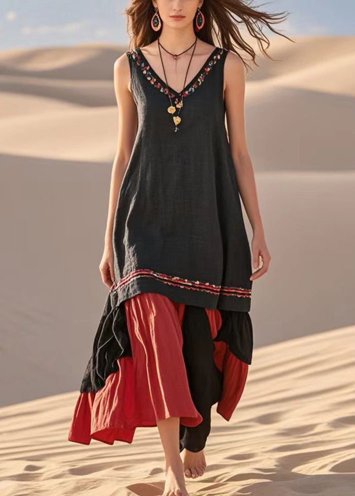 Modern Black V Neck Patchwork Cotton Maxi Dress Sleeveless