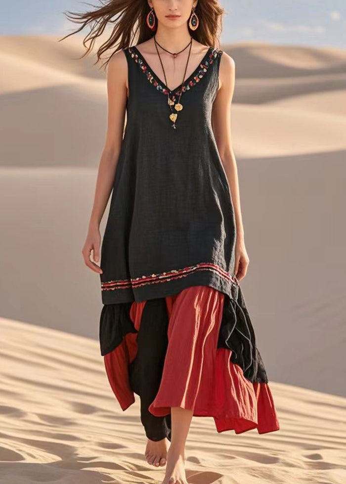 Modern Black V Neck Patchwork Cotton Maxi Dress Sleeveless