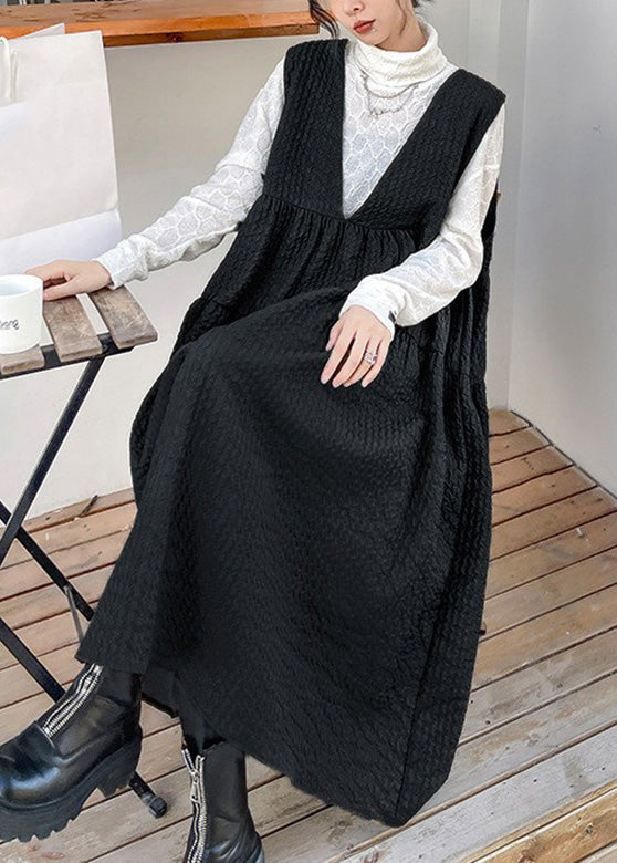 Modern Black V Neck Patchwork Long Dresses Spring