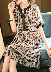 Modern Black V Neck Print Button Vacation Mid Dresses Short Sleeve