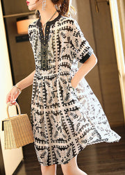 Modern Black V Neck Print Button Vacation Mid Dresses Short Sleeve