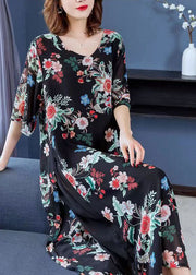 Modern Black V Neck Print Patchwork Chiffon Long Dress Summer