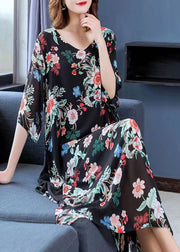 Modern Black V Neck Print Patchwork Chiffon Long Dress Summer