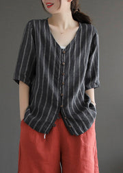 Modern Black V Neck Striped Button Linen Shirts Half Sleeve