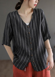 Modern Black V Neck Striped Button Linen Shirts Half Sleeve