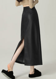 Modern Black Zippered Side Open Faux Leather Skirts Winter