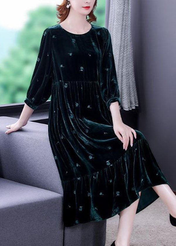 Modern Blackish Green Embroideried Patchwork Wrinkled Silk Velour Long Dress Spring