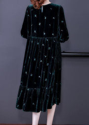 Modern Blackish Green Embroideried Patchwork Wrinkled Silk Velour Long Dress Spring