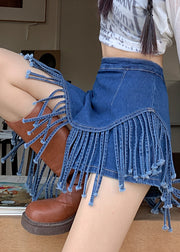 Modern Blue Asymmetrical Design Tasseled Denim Wraped Skirts Summer