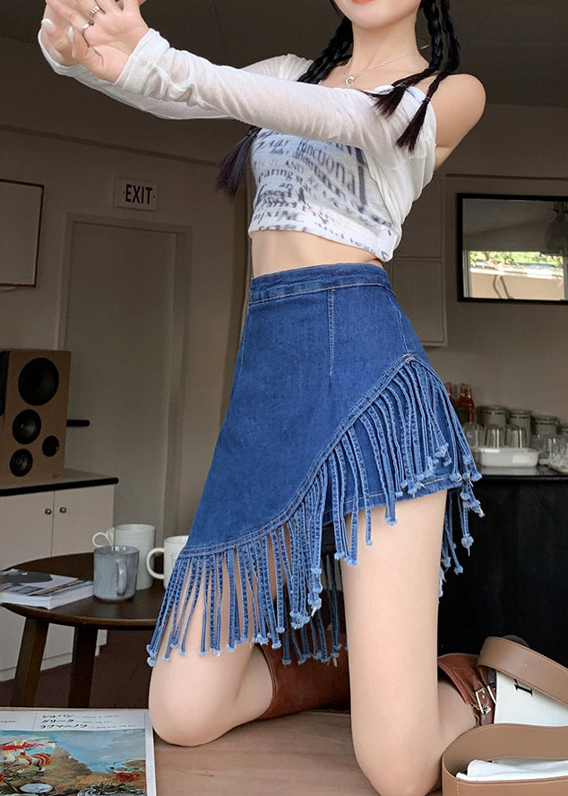 Modern Blue Asymmetrical Design Tasseled Denim Wraped Skirts Summer