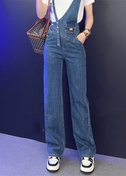 Modern Blue Asymmetrical Patchwork Button High Waist Denim Long Jumpsuits