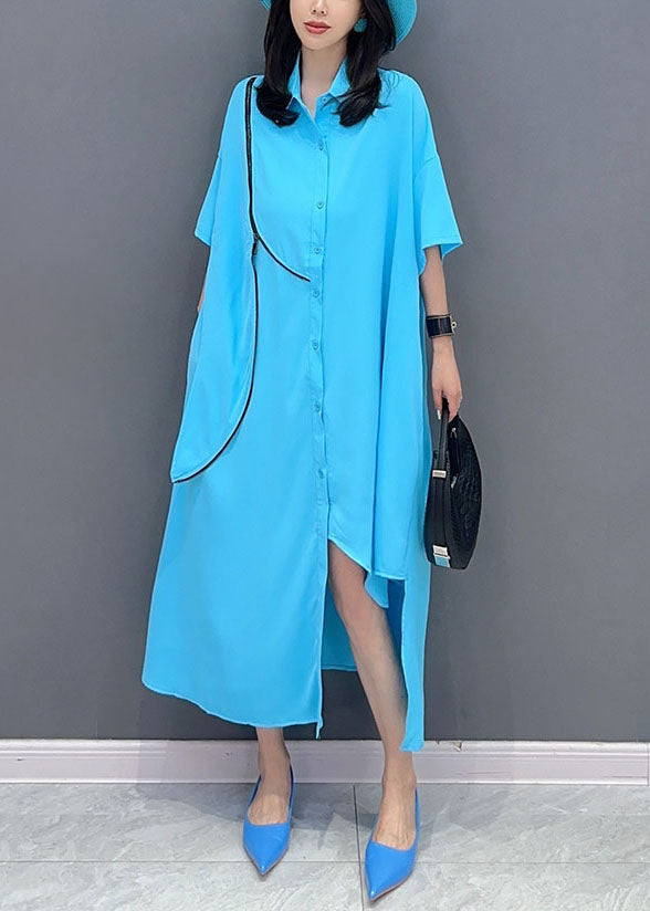 Modern Blue Asymmetrical Patchwork Chiffon Shirts Dress Summer