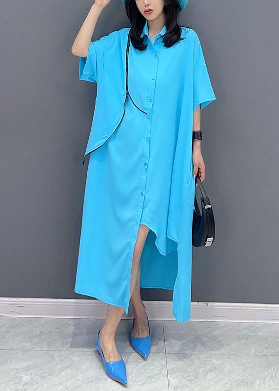 Modern Blue Asymmetrical Patchwork Chiffon Shirts Dress Summer