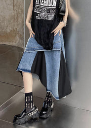 Modern Blue Asymmetrical Pockets Patchwork Denim Skirt Fall