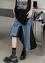 Modern Blue Asymmetrical Pockets Patchwork Denim Skirt Fall