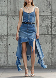 Modern Blue Asymmetrical Tasseled Denim Skirts Spring