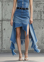 Modern Blue Asymmetrical Tasseled Denim Skirts Fall