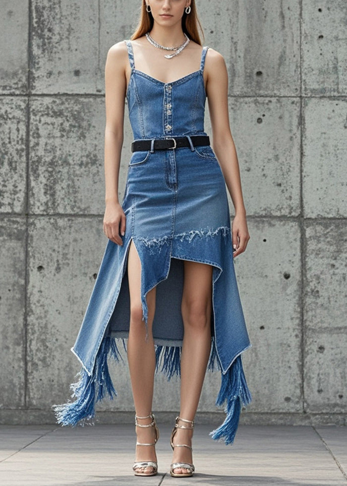 Modern Blue Asymmetrical Tasseled Denim Skirts Spring