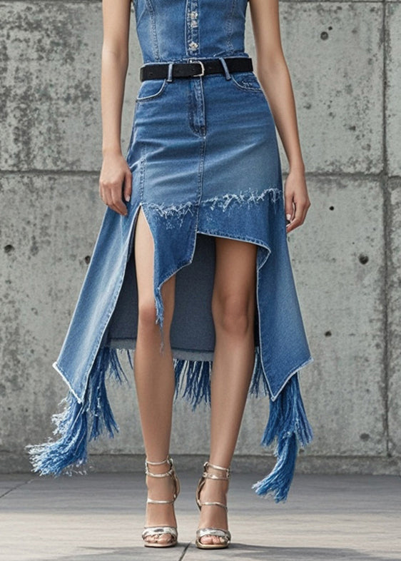 Modern Blue Asymmetrical Tasseled Denim Skirts Spring