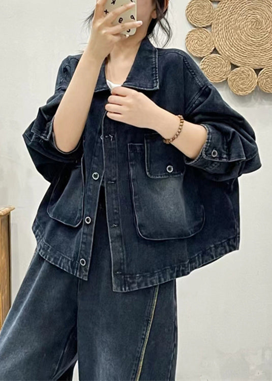 Modern Blue Button Pockets Patchwork Denim Coat Fall