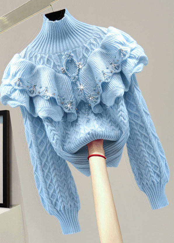 Modern Blue Cable Cotton Knit Sweater Nail Bead Winter