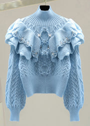 Modern Blue Cable Cotton Knit Sweater Nail Bead Winter