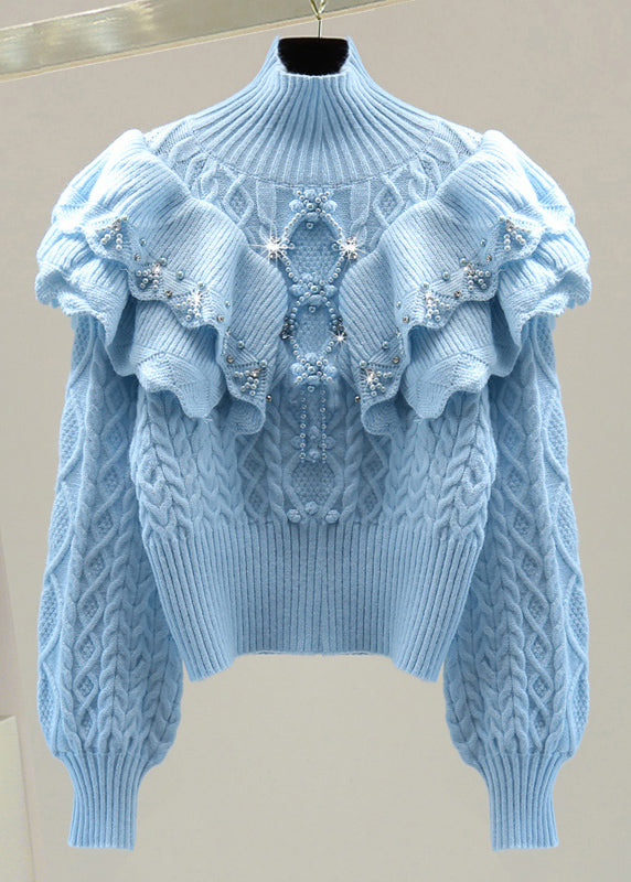 Modern Blue Cable Cotton Knit Sweater Nail Bead Winter