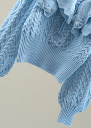 Modern Blue Cable Cotton Knit Sweater Nail Bead Winter