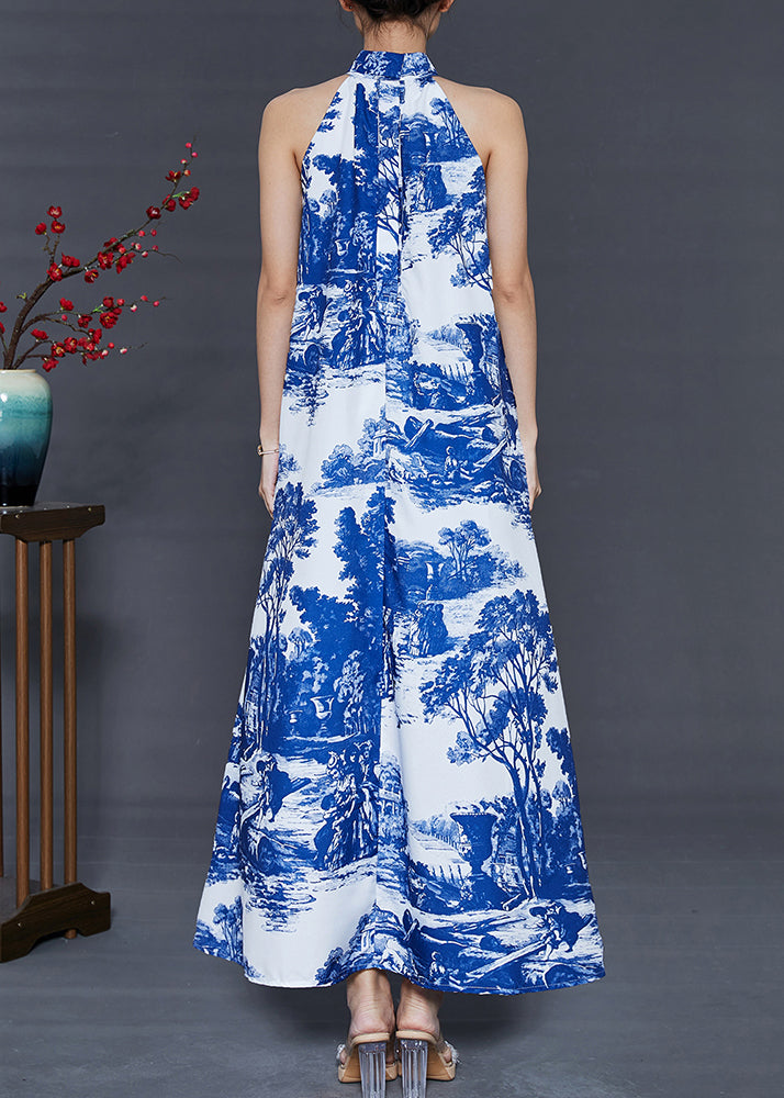 Modern Blue Cold Shoulder Print Cotton A Line Dress Summer