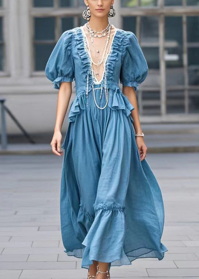 Modern Blue Deep-V Neck Ruffled Cotton Dress Summer