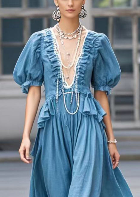 Modern Blue Deep-V Neck Ruffled Cotton Dress Summer