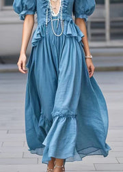 Modern Blue Deep-V Neck Ruffled Cotton Dress Summer