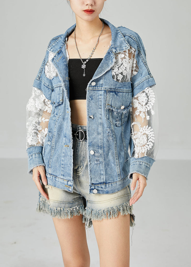 Modern Blue Embroidered Tulle Patchwork Denim Coats Summer