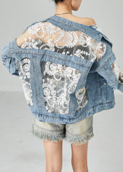 Modern Blue Embroidered Tulle Patchwork Denim Coats Summer