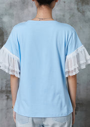 Modern Blue Floral Patchwork Lace Cotton Tank Flare Sleeve