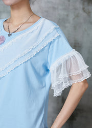 Modern Blue Floral Patchwork Lace Cotton Tank Flare Sleeve