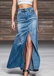 Modern Blue Front Open High Waist Denim Maxi Skirts Summer