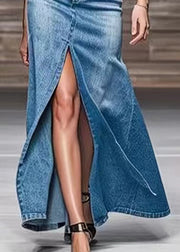 Modern Blue Front Open High Waist Denim Maxi Skirts Summer