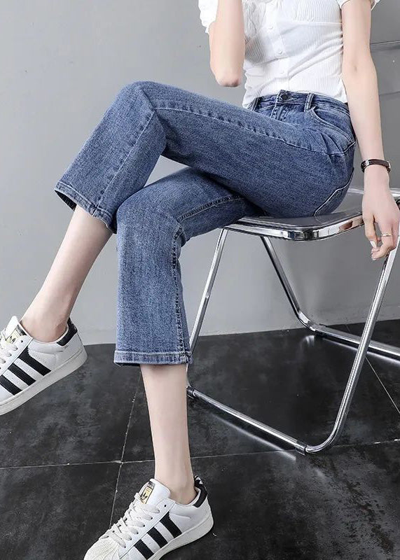 Modern Blue High Waist Patchwork Button Crop Jeans Summer