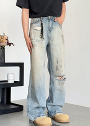 Modern Blue Hole Pockets Denim Mens Pants Fall