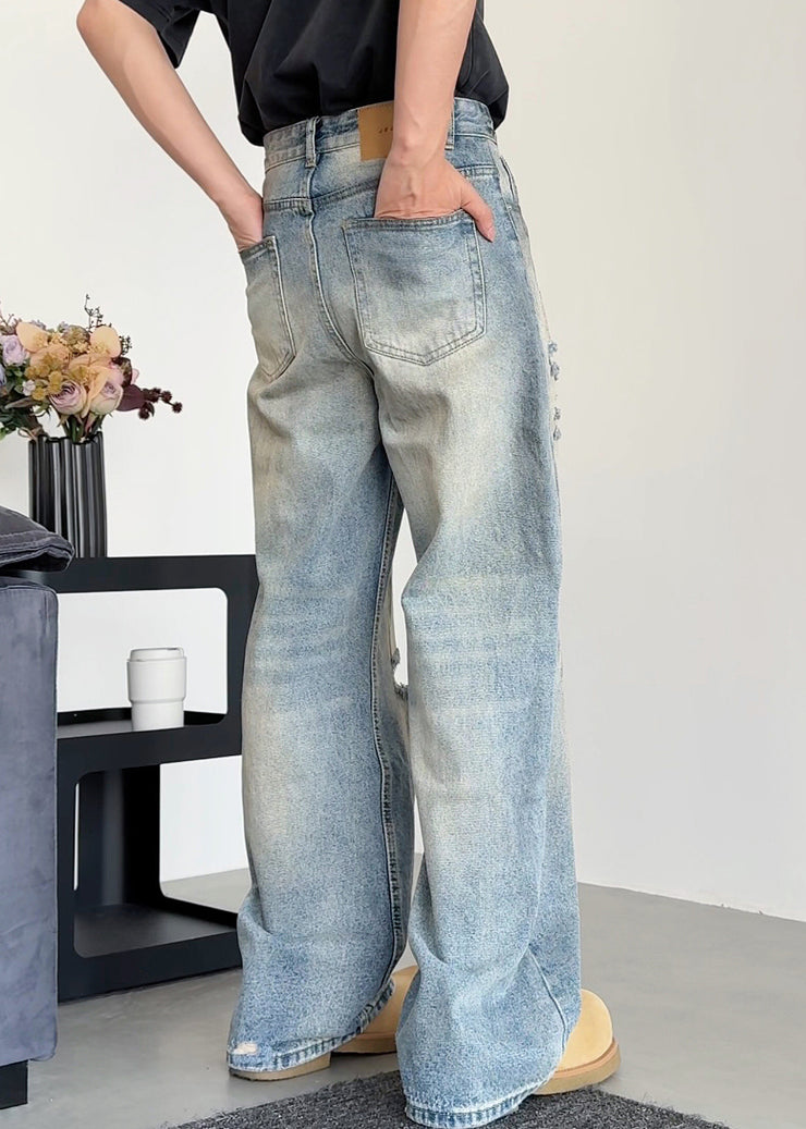 Modern Blue Hole Pockets Denim Mens Pants Fall