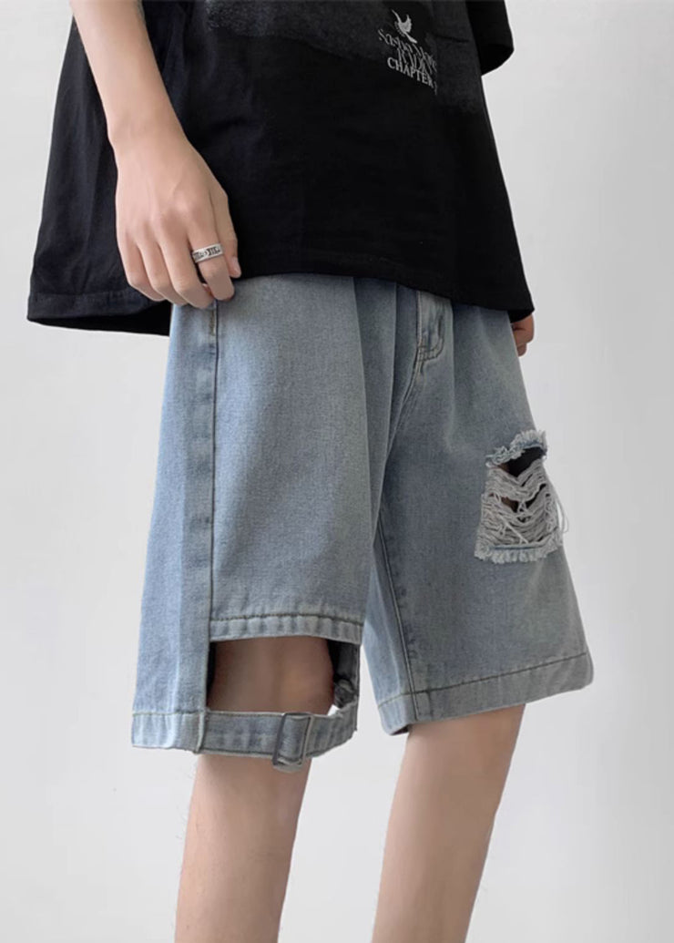 Modern Blue Hole Pockets High Waist Denim Men Shorts Summer