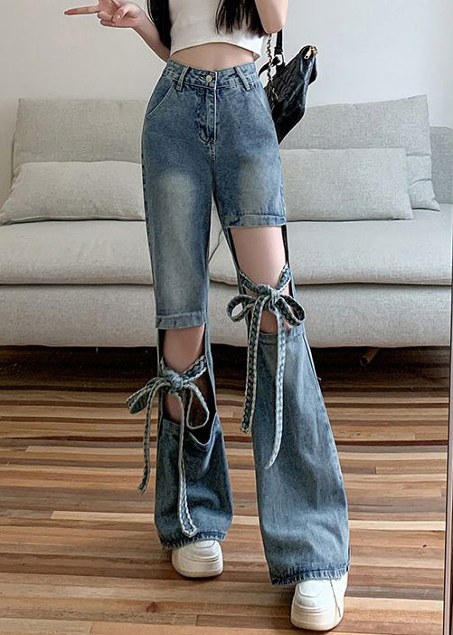 Modern Blue Hollow Out Lace Up Denim Pants Spring