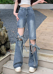 Modern Blue Hollow Out Lace Up Denim Pants Spring