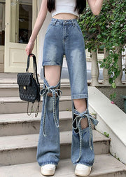 Modern Blue Hollow Out Lace Up Denim Pants Spring